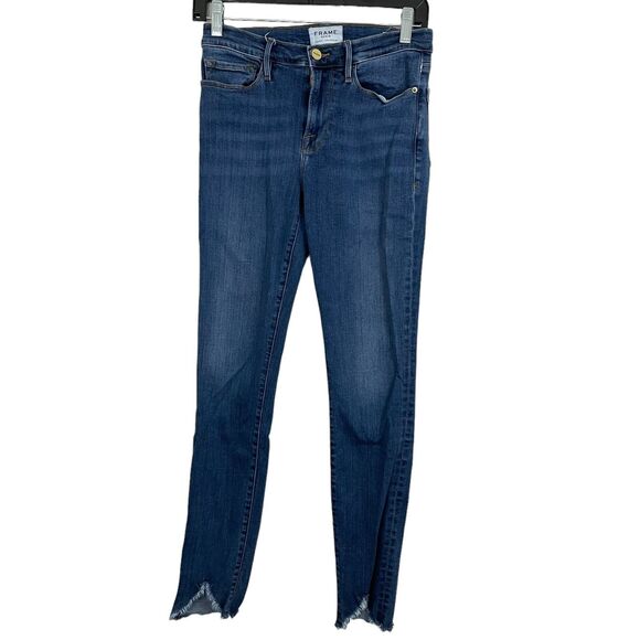FRAME Denim Le Skinny de Jeanne Crop Jeans Womens Sz 27 Blue Distressed Hem - Picture 1 of 6